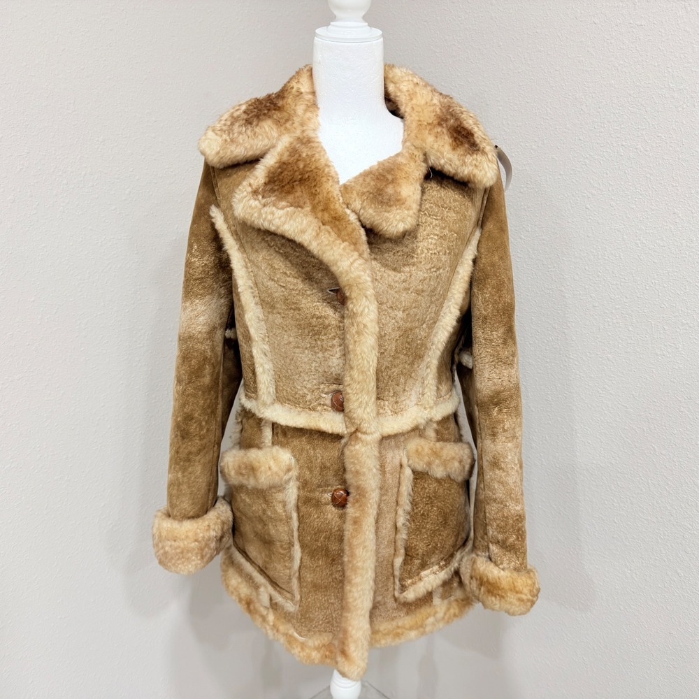 Western Shearling Fort Worth Texas Coat Tan Brown Vintage 70s Ranch Rustic Sz 10